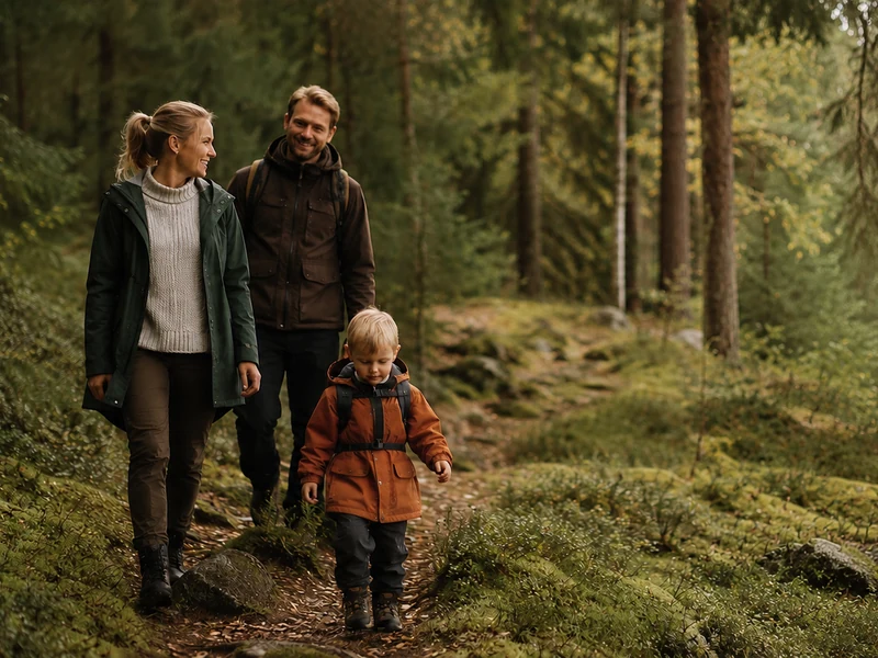 Familie på tur gjennom en grønn norsk skog