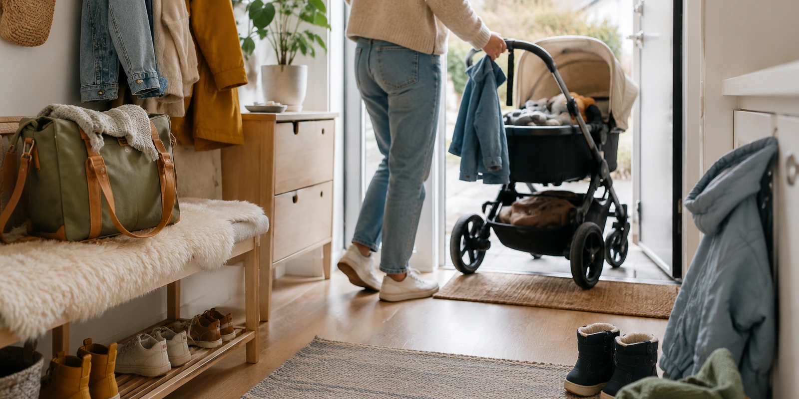 Lyst norsk inngangsparti med barnevogn, yttertøy og små barnesko