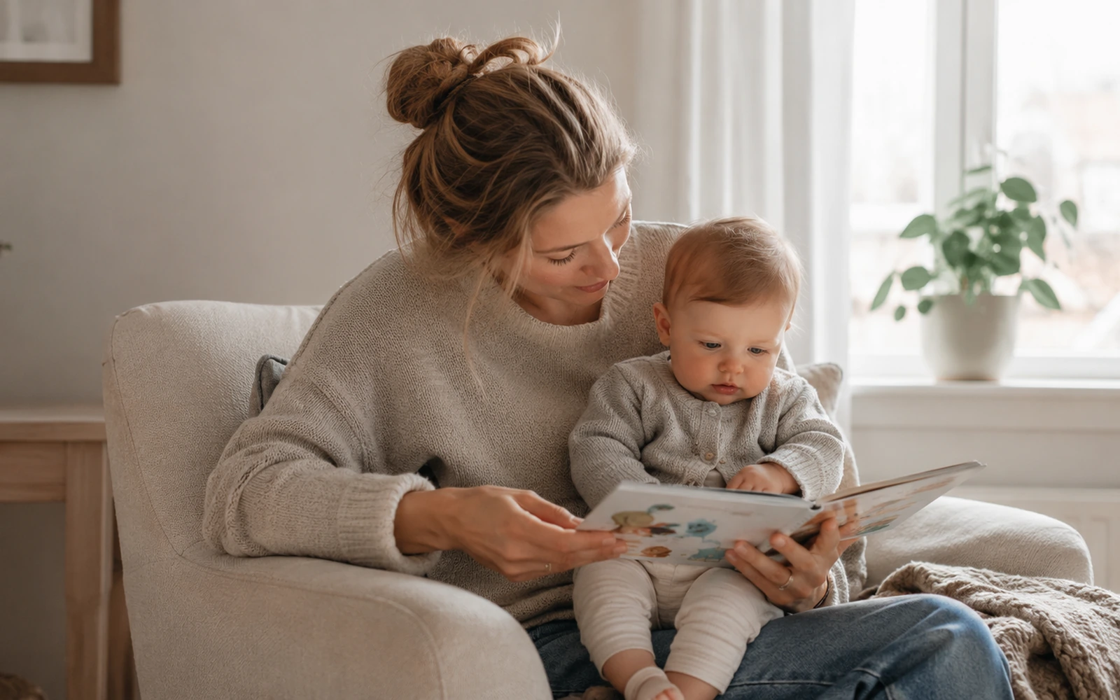 Mor med mørk blondt hår leser bok sammen med baby i et lyst nordisk hjem
