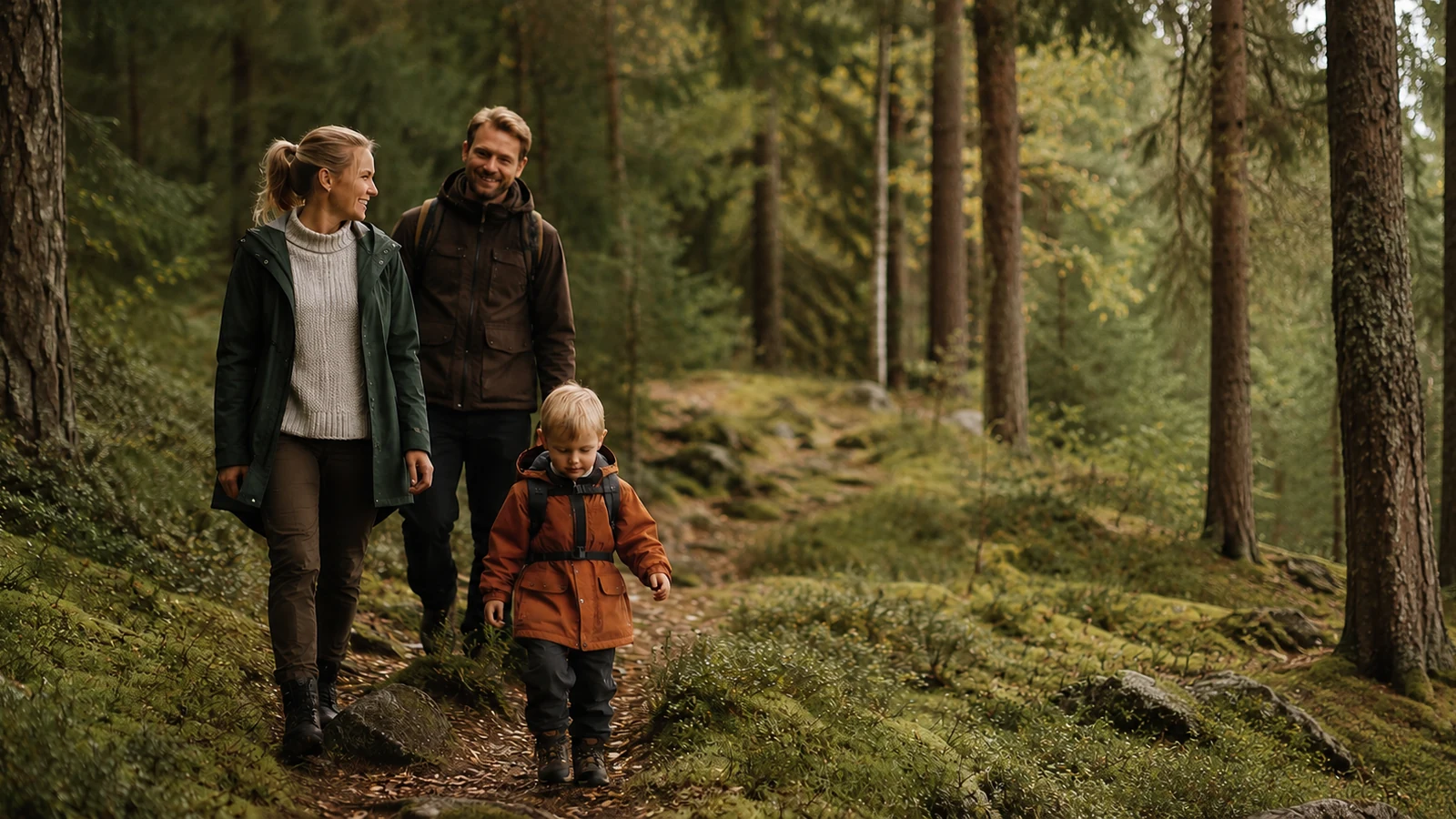 Familie på tur gjennom en grønn norsk skog