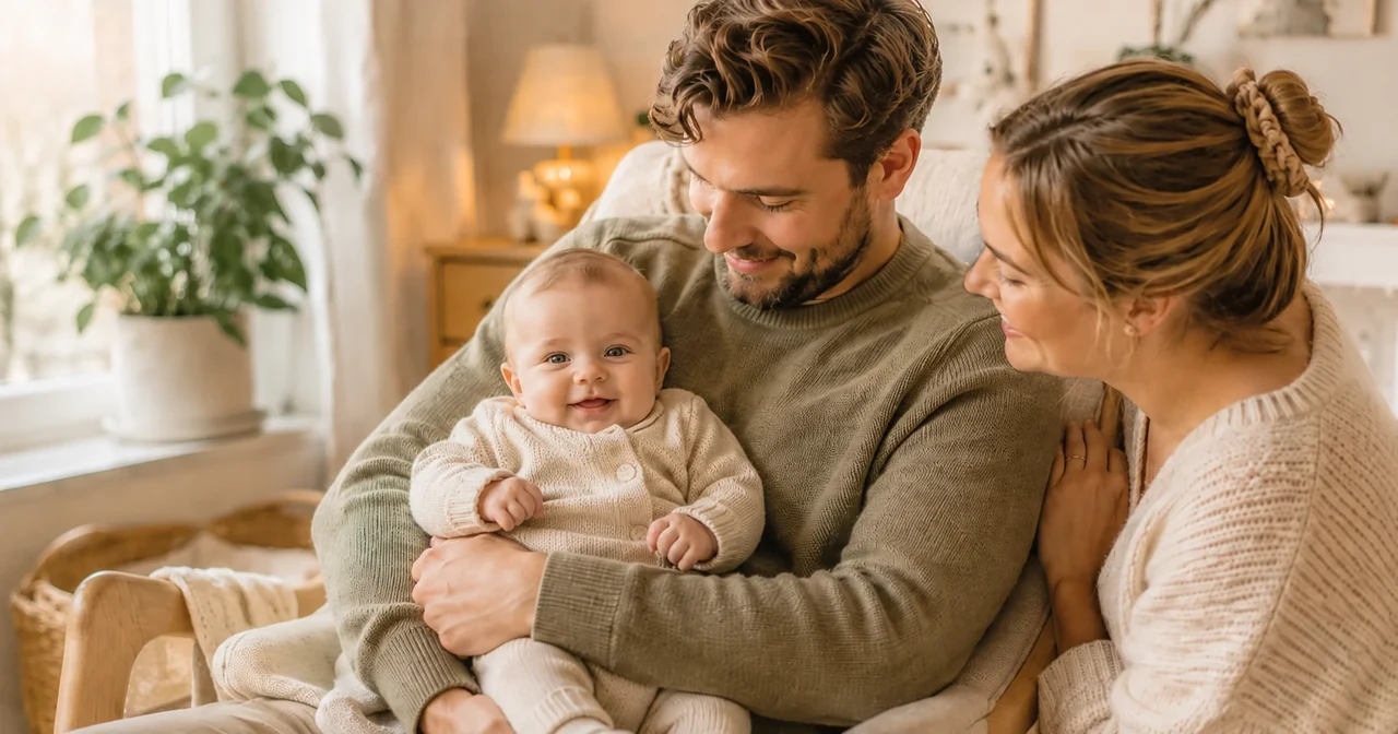 Foreldre med baby hjemme, brukt som illustrasjon til populære guttenavn.