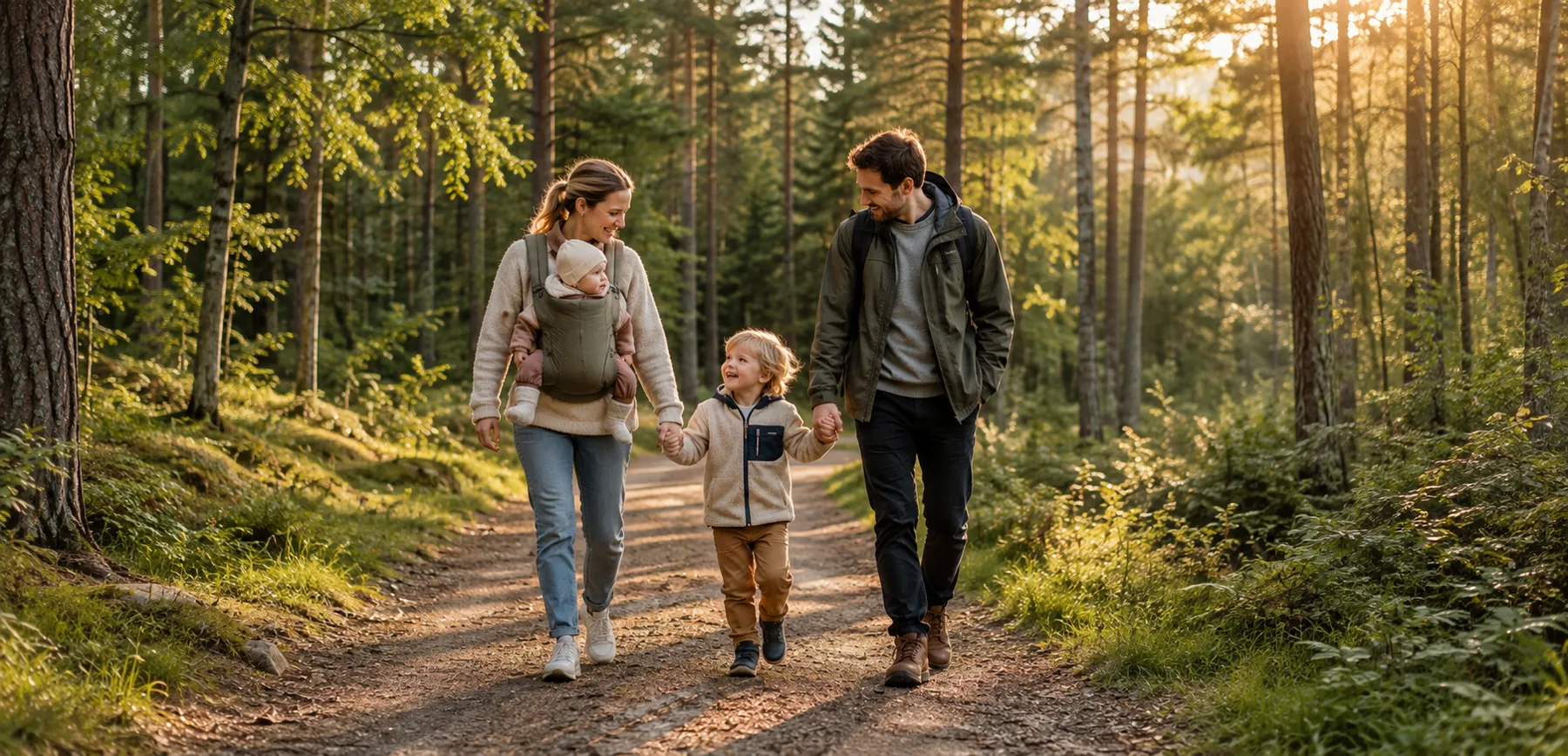 Familie med to voksne og et barn på tur langs en skogssti