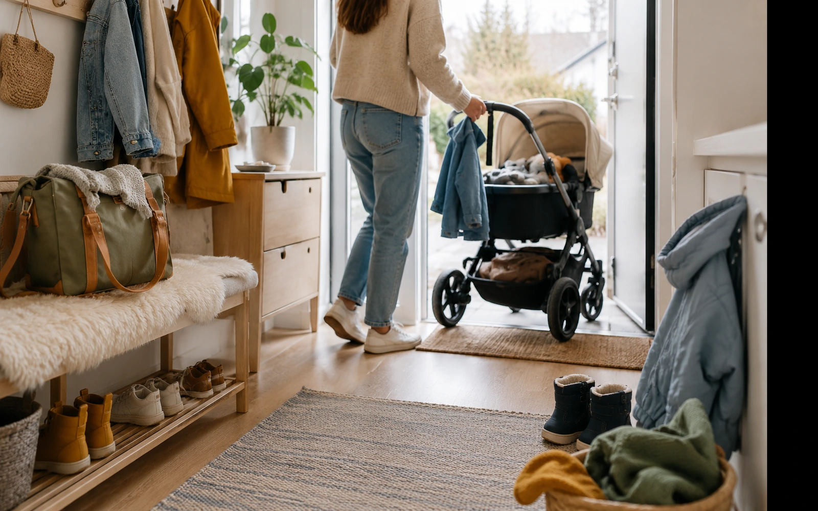 Barnevogn og hverdagsdetaljer i et lyst inngangsparti