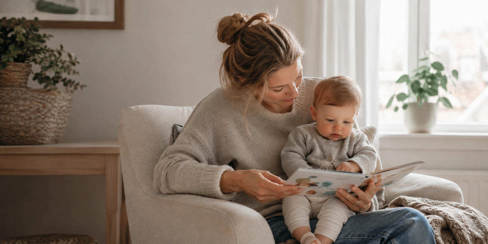 Mor med mørk blondt hår leser bok sammen med baby i et lyst nordisk hjem