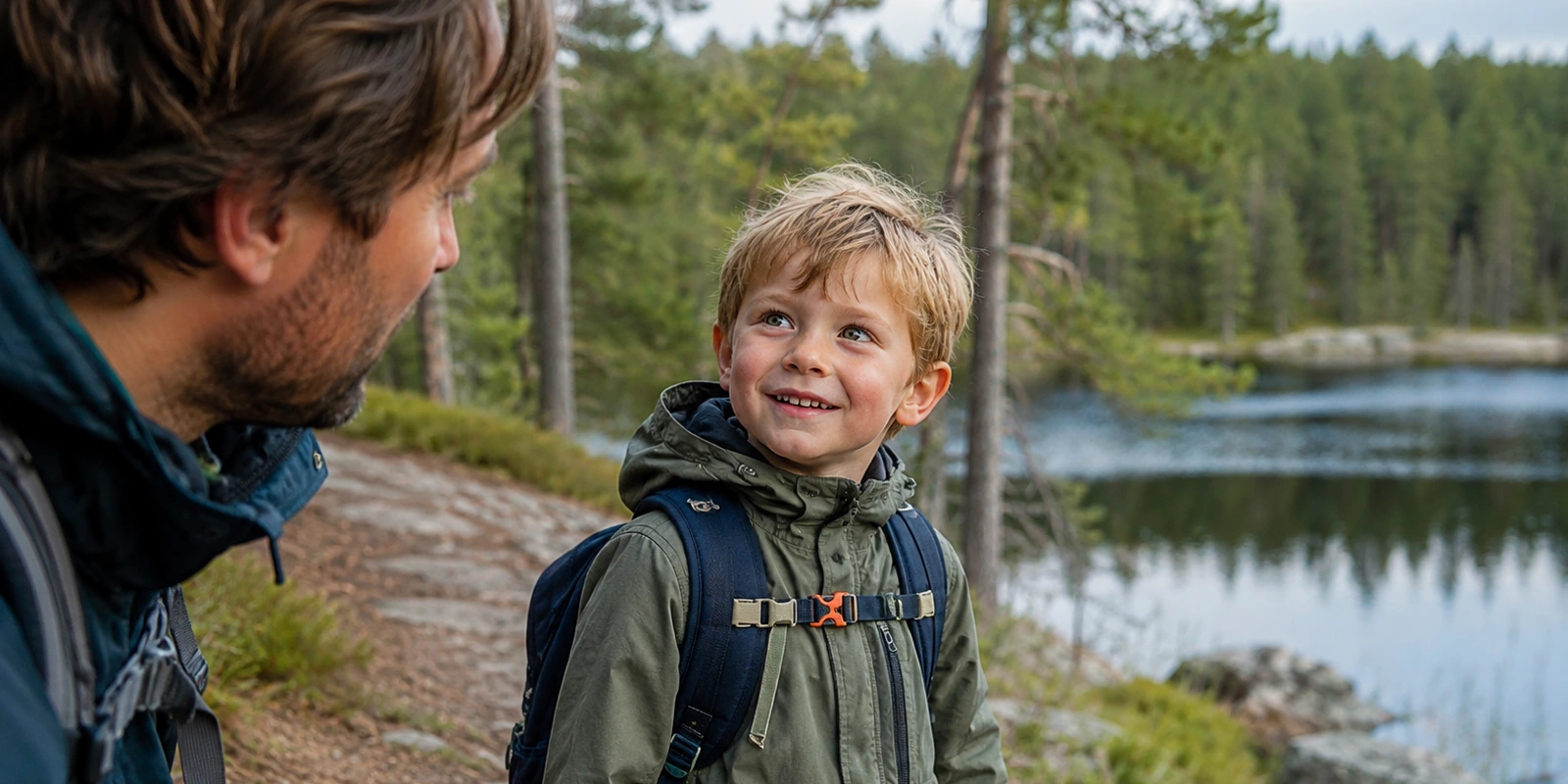 Gutt med ryggsekk på tur ved en innsjø sammen med en voksen