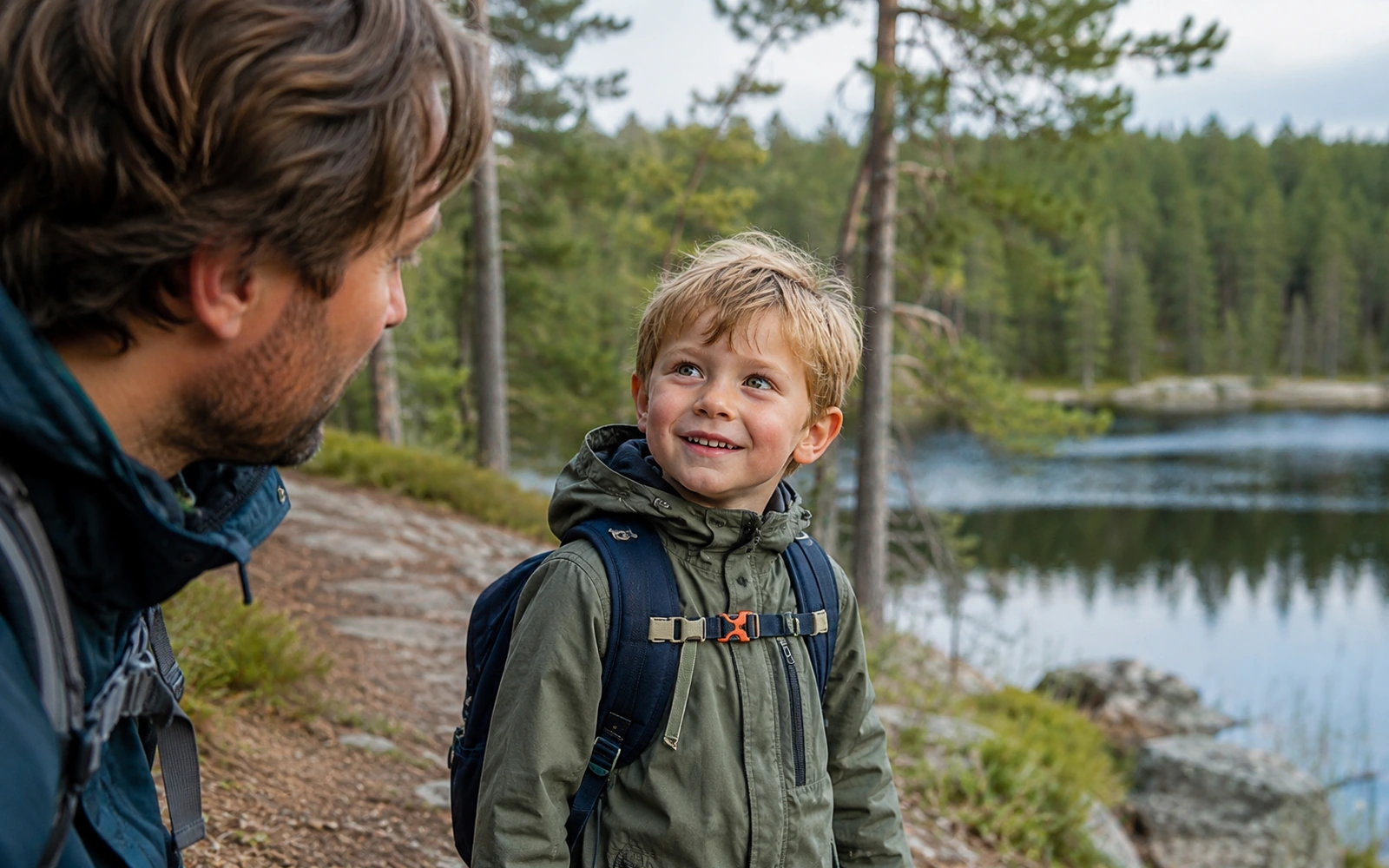 Gutt og voksen på tur i nordisk natur